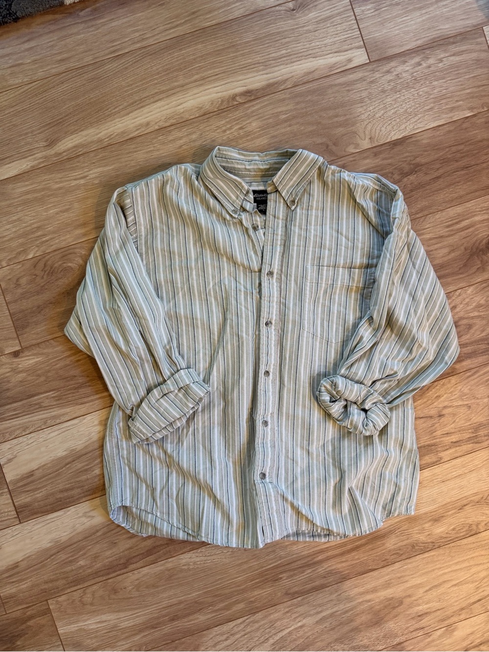 Eddie Bauer Light Green & White Striped Button-Down Shirt